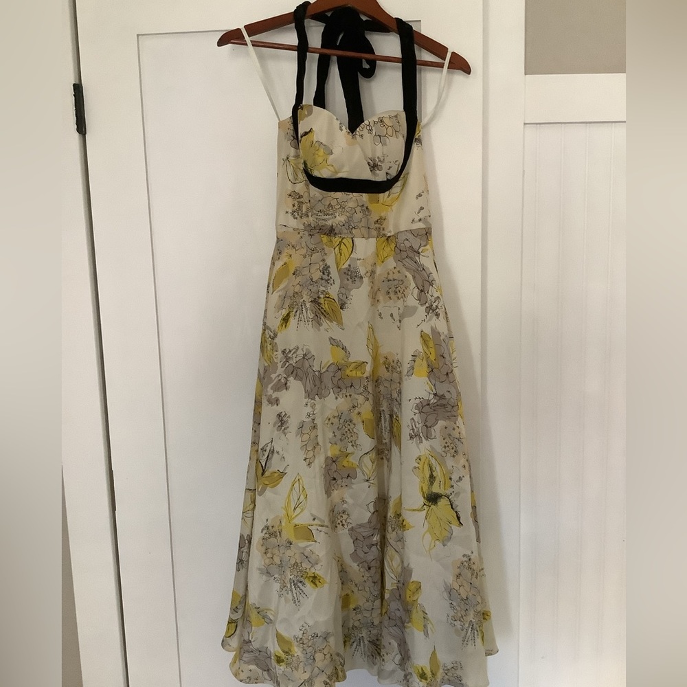 Anthropologie Hitherto Floral Yellow dress with black velvet halter